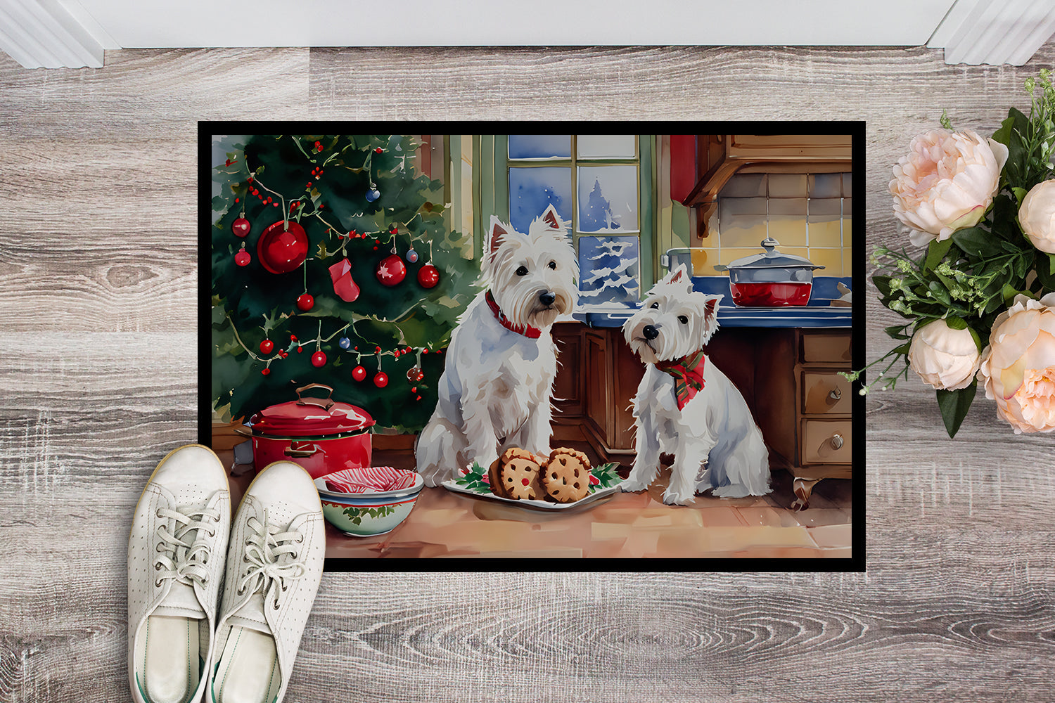 Westie Christmas Cookies Doormat Indoor Outdoor 18H X 27W Front Door Mat Rugs for Entryway, Non Slip Washable
