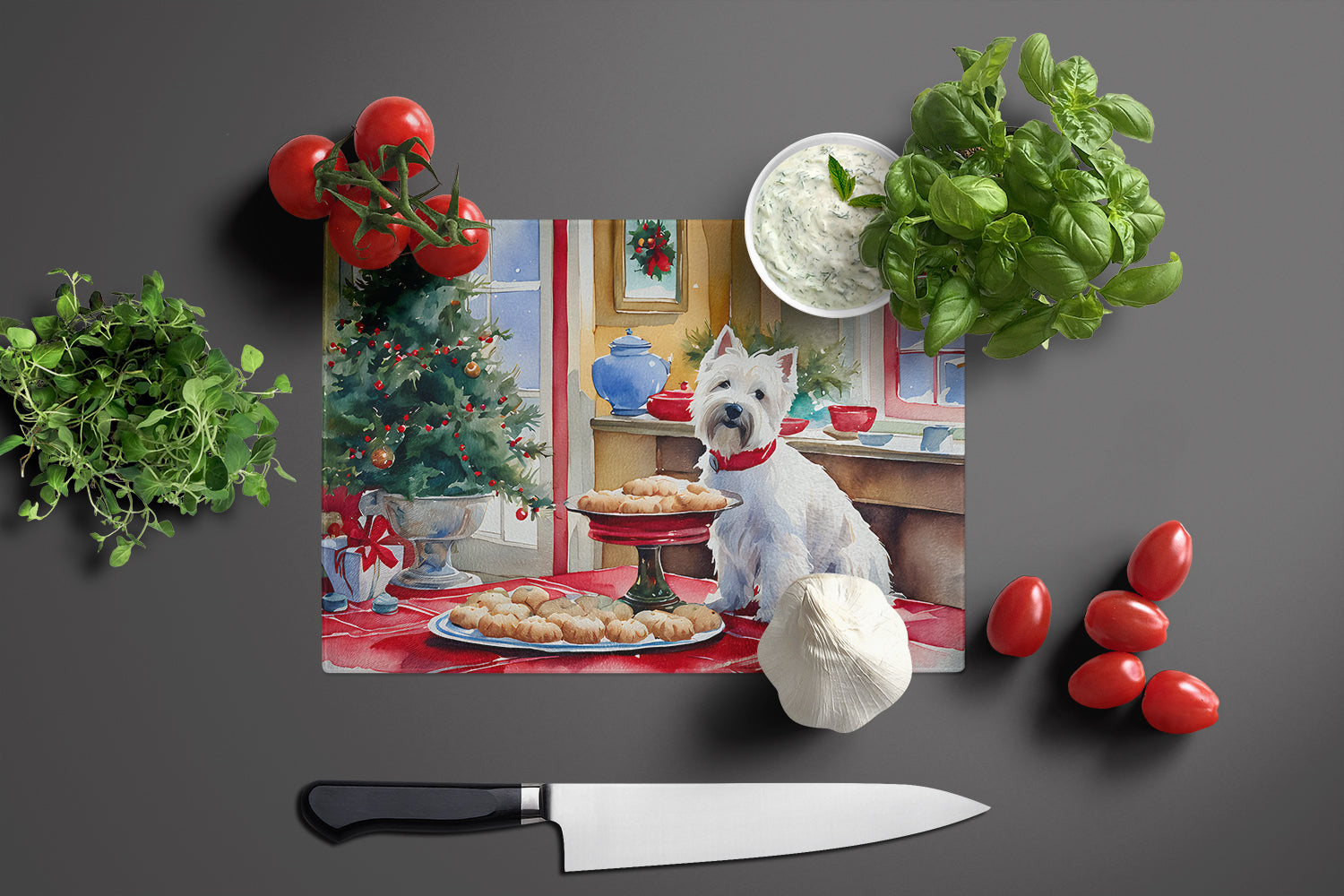 Westie Christmas Cookies Cutting Board Tempered Glass Kitchen Cutting Surface, Heat Resistant Chopping, Non-Slip Feet, Food Prep & Serving
