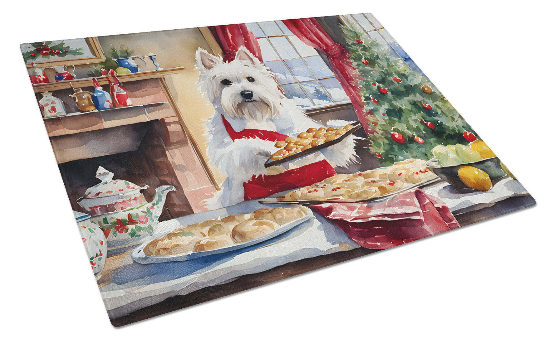 Westie Christmas Cookies Cutting Board Tempered Glass Kitchen Cutting Surface, Heat Resistant Chopping, Non-Slip Feet, Food Prep & Serving