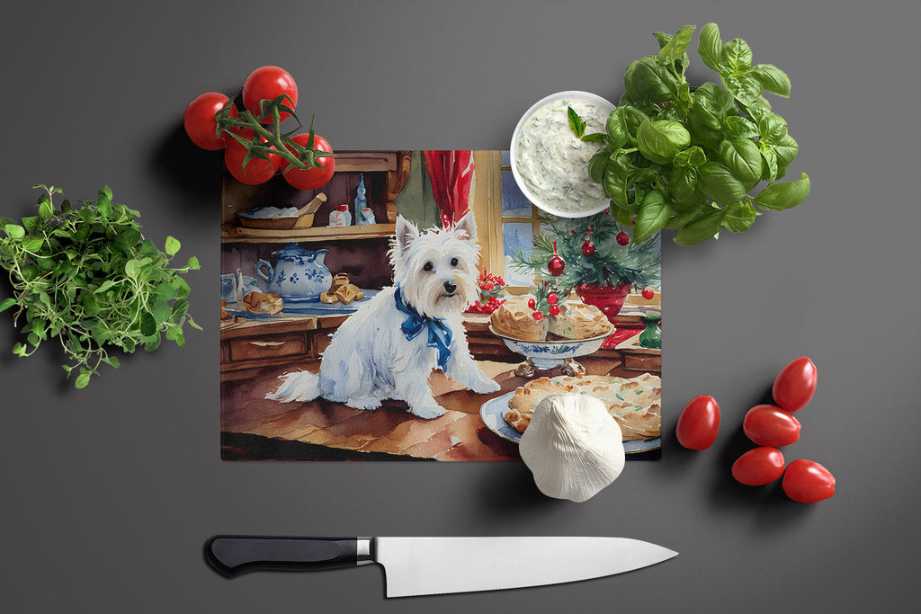 Westie Christmas Cookies Cutting Board Tempered Glass Kitchen Cutting Surface, Heat Resistant Chopping, Non-Slip Feet, Food Prep & Serving