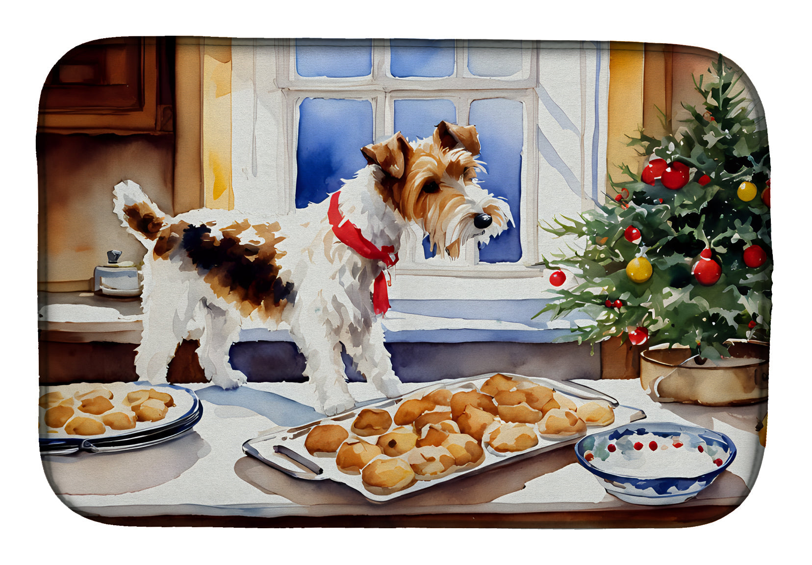 Wire Fox Terrier Christmas Cookies Dish Drying Mat Absorbent Dish Drying Mat Pad for Kitchen Counter Dish Drainer Mat for Countertop, 14 x 21", Multicolor
