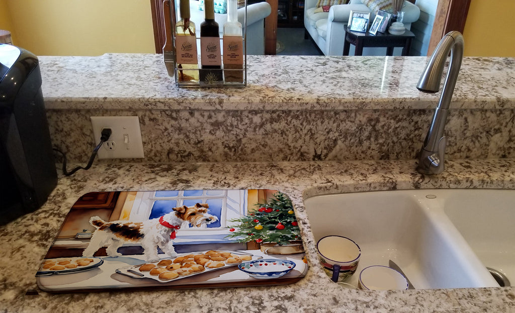 Wire Fox Terrier Christmas Cookies Dish Drying Mat Absorbent Dish Drying Mat Pad for Kitchen Counter Dish Drainer Mat for Countertop, 14 x 21", Multicolor