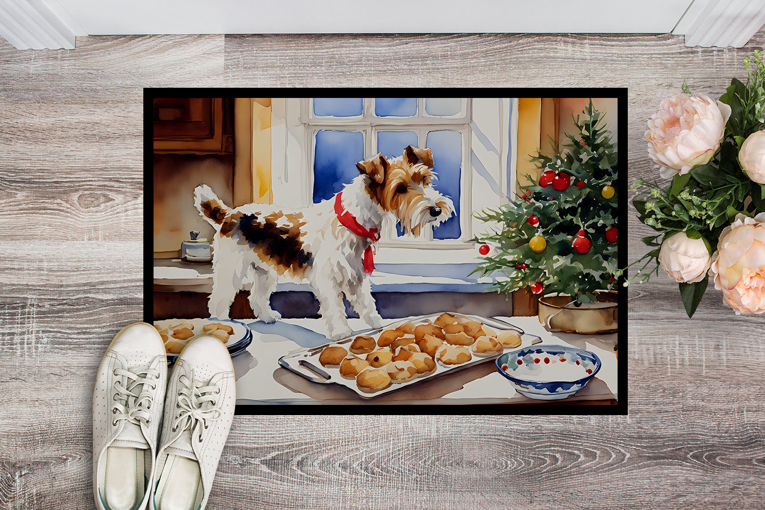 Wire Fox Terrier Christmas Cookies Doormat Indoor Outdoor 24H X 36W Front Door Mat Rugs for Entryway, Non Slip Washable Low Pile,