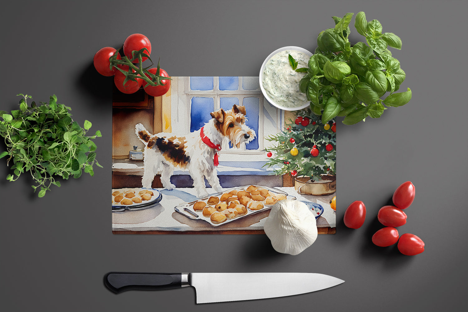 Wire Fox Terrier Christmas Cookies Cutting Board Tempered Glass Kitchen Cutting Surface, Heat Resistant Chopping, Non-Slip Feet, Food Prep & Serving