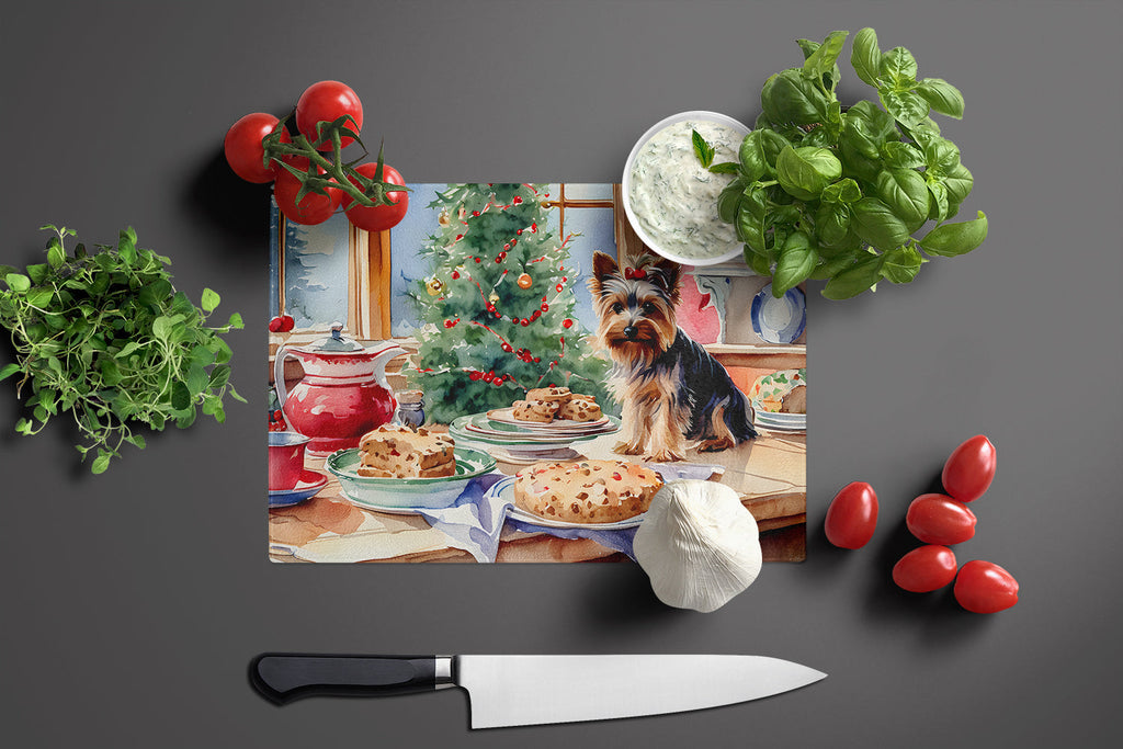 Yorkshire Terrier Yorkie Christmas Cookies Cutting Board Tempered Glass Kitchen Cutting Surface, Heat Resistant Chopping, Non-Slip Feet, Food Prep & Serving