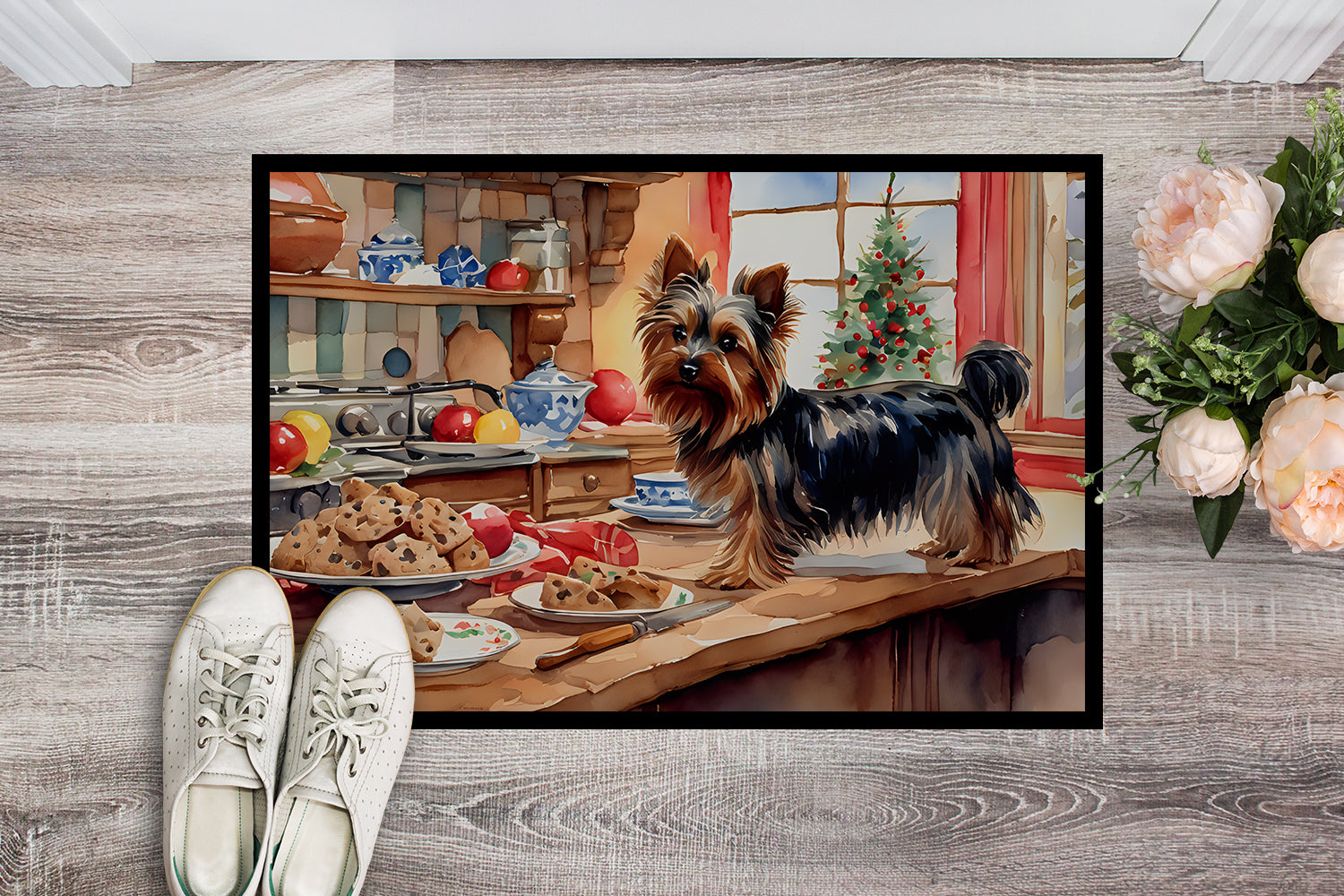 Yorkshire Terrier Yorkie Christmas Cookies Doormat Indoor Outdoor 24H X 36W Front Door Mat Rugs for Entryway, Non Slip Washable Low Pile,