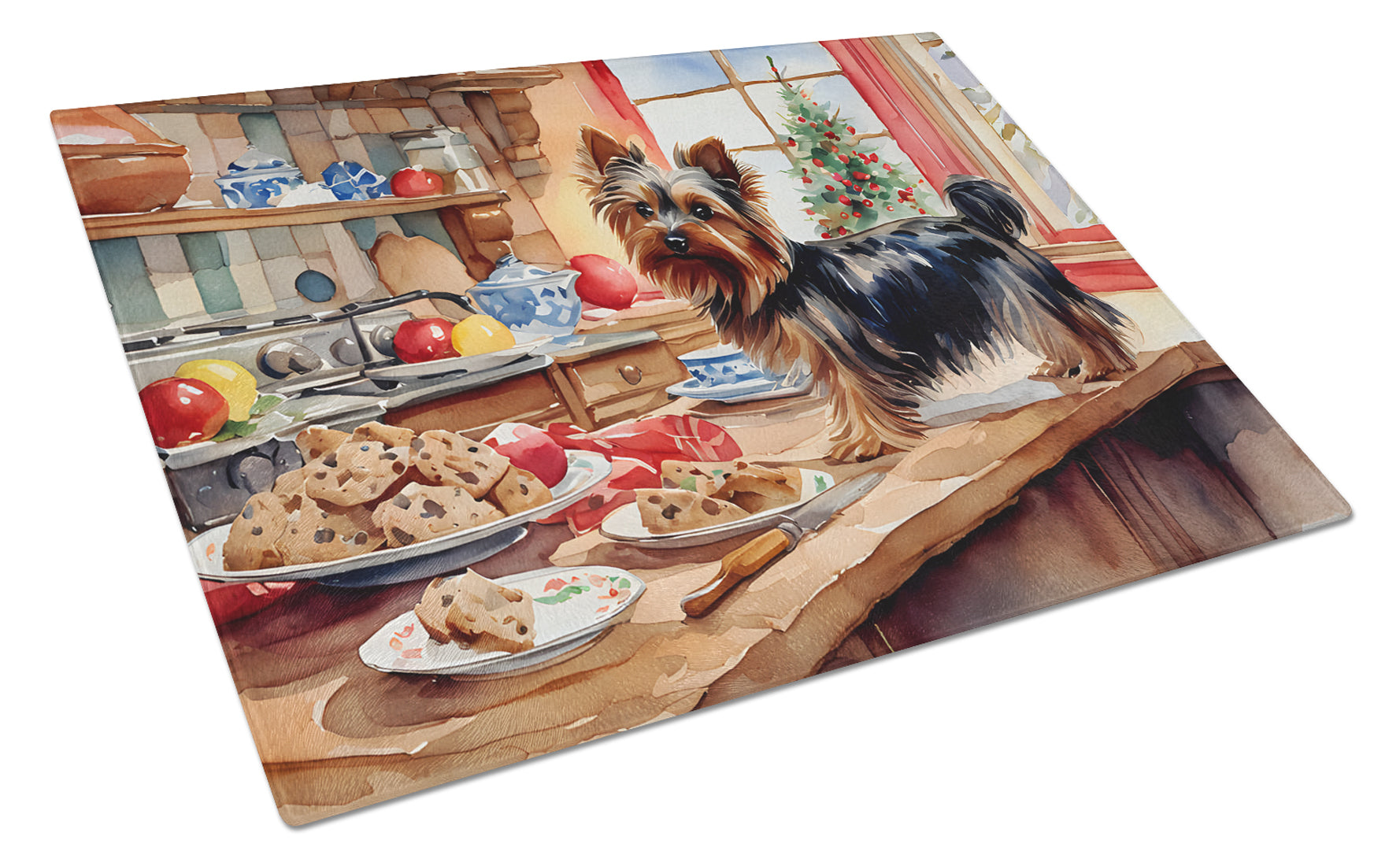 Yorkshire Terrier Yorkie Christmas Cookies Cutting Board Tempered Glass Kitchen Cutting Surface, Heat Resistant Chopping, Non-Slip Feet, Food Prep & Serving