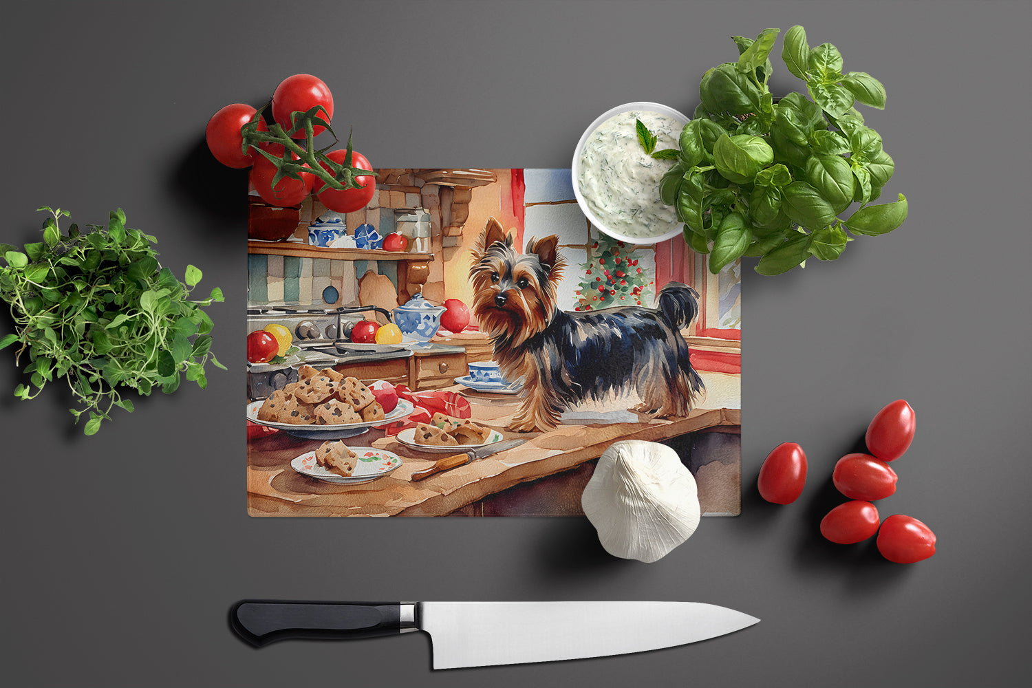 Yorkshire Terrier Yorkie Christmas Cookies Cutting Board Tempered Glass Kitchen Cutting Surface, Heat Resistant Chopping, Non-Slip Feet, Food Prep & Serving