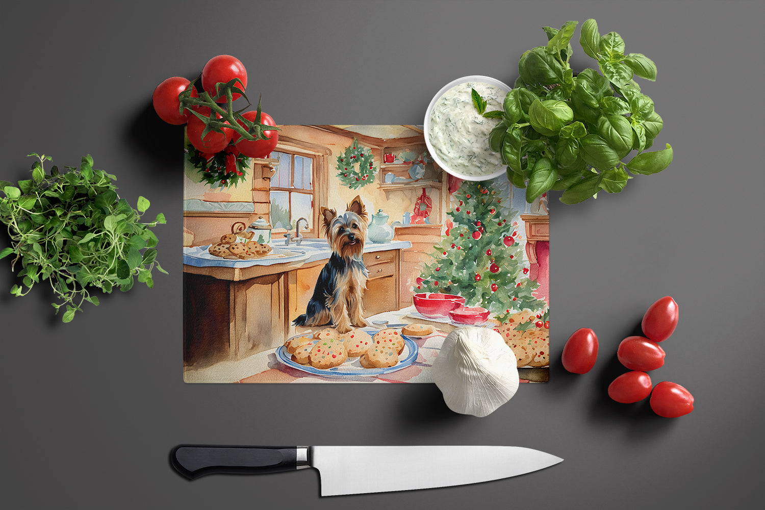 Yorkshire Terrier Yorkie Christmas Cookies Cutting Board Tempered Glass Kitchen Cutting Surface, Heat Resistant Chopping, Non-Slip Feet, Food Prep & Serving