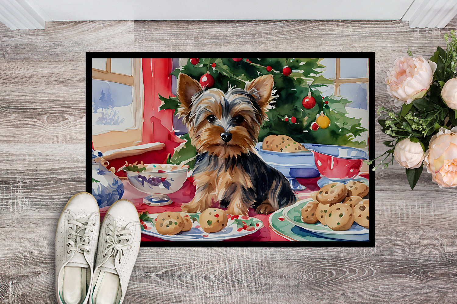 Yorkshire Terrier Yorkie Christmas Cookies Doormat Indoor Outdoor 18H X 27W Front Door Mat Rugs for Entryway, Non Slip Washable