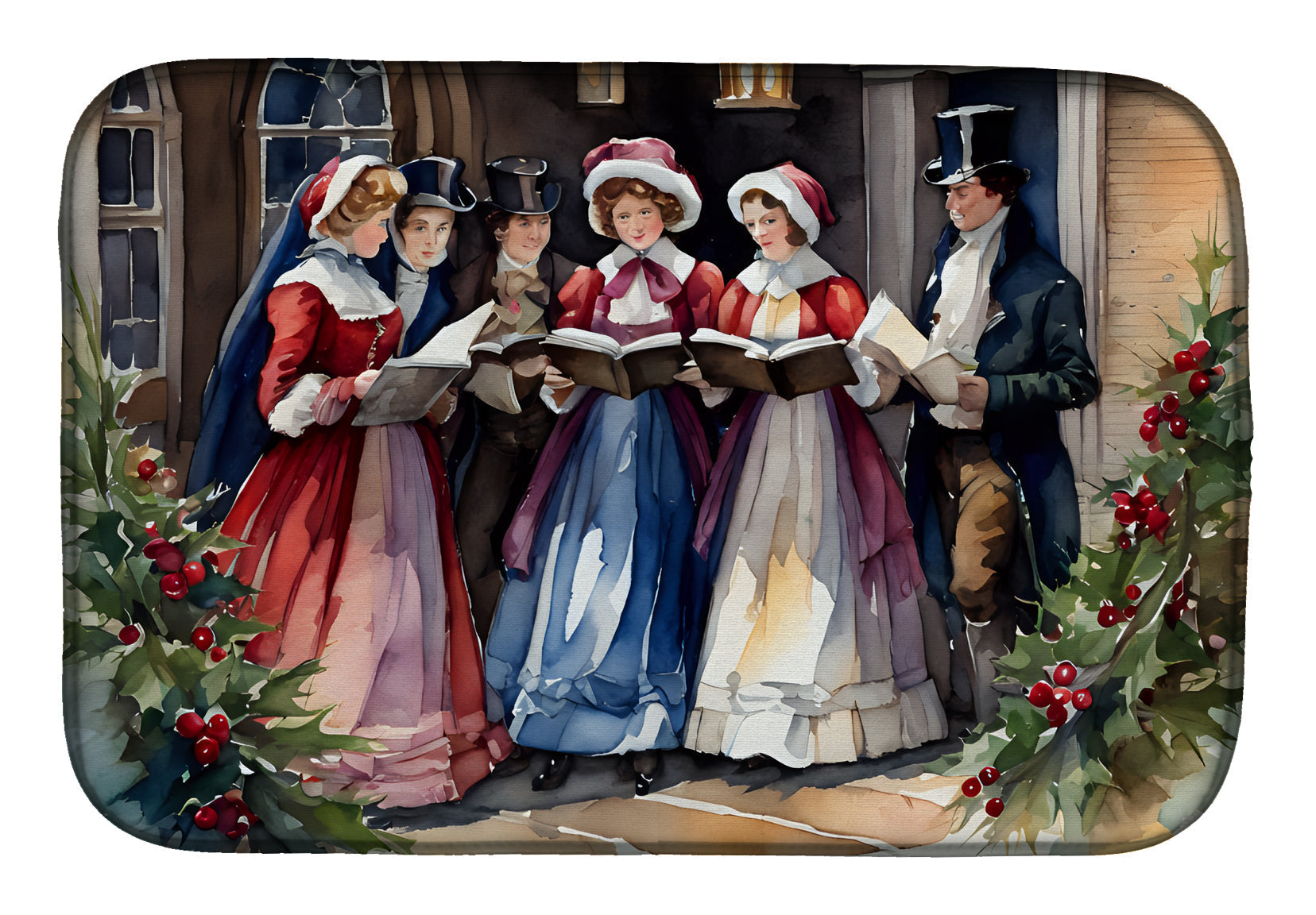 Christmas Carolers Singing Group Dish Drying Mat Absorbent Dish Drying Mat Pad for Kitchen Counter Dish Drainer Mat for Countertop, 14 x 21", Multicolor