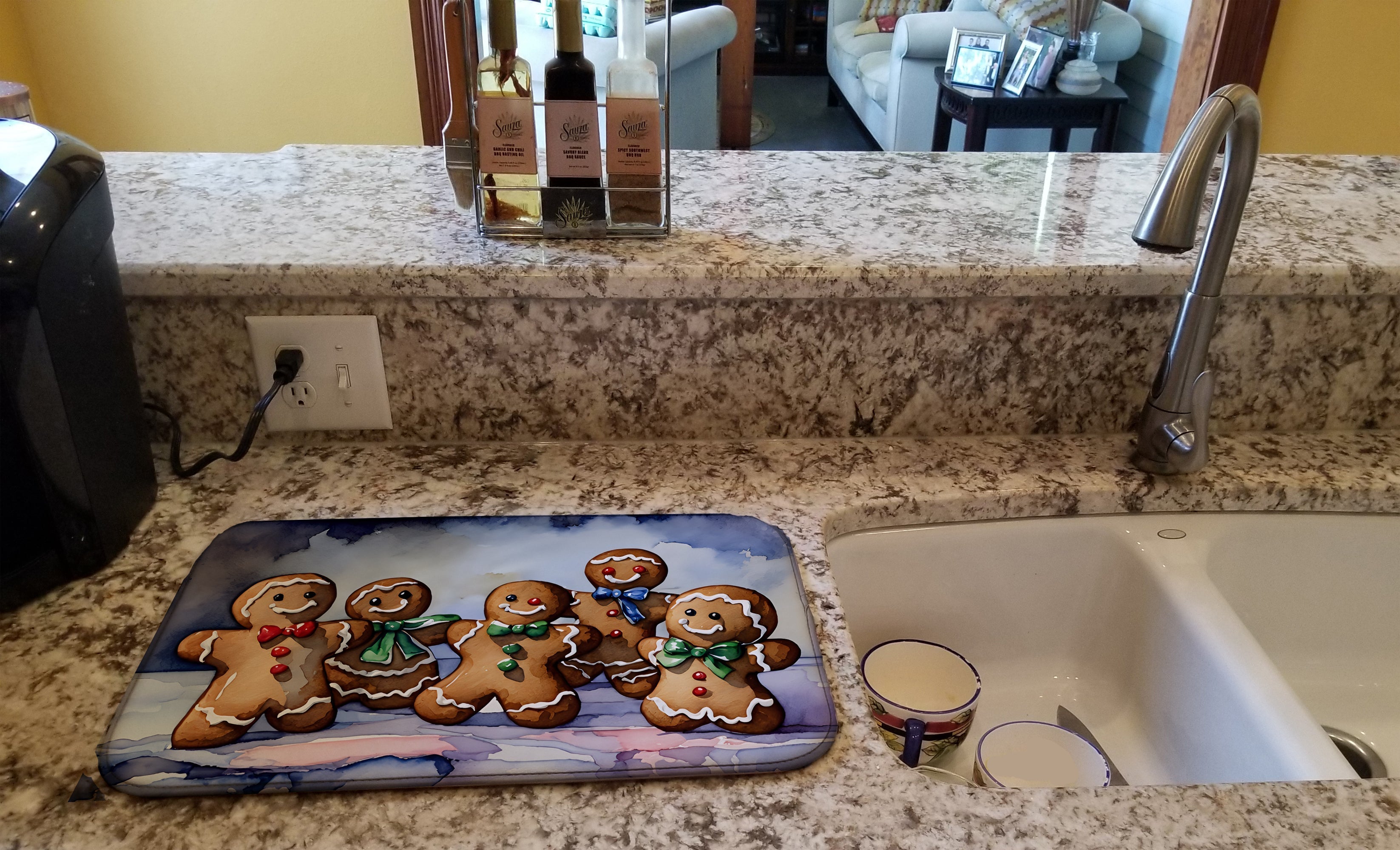 Gingerbread Cookie Family Christmas Dish Drying Mat Absorbent Dish Drying Mat Pad for Kitchen Counter Dish Drainer Mat for Countertop, 14 x 21", Multicolor
