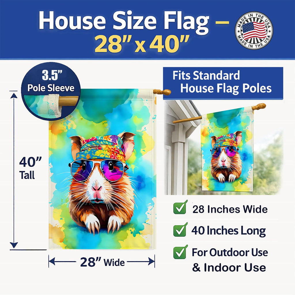 Hippie Animal Guinea Pig House Flag 28x40 Porch Sleeve Pole Decorative Outside Yard Banner Artwork Wall Hanging, Polyester