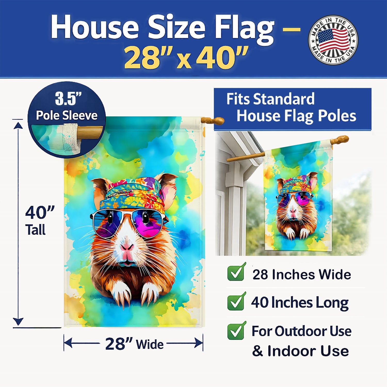 Hippie Animal Guinea Pig House Flag 28x40 Porch Sleeve Pole Decorative Outside Yard Banner Artwork Wall Hanging, Polyester