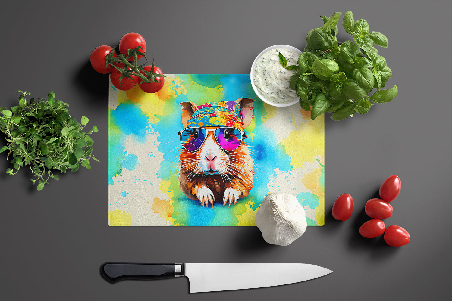 Hippie Animal Guinea Pig Cutting Board Tempered Glass Kitchen Cutting Surface, Heat Resistant Chopping, Non-Slip Feet, Food Prep & Serving