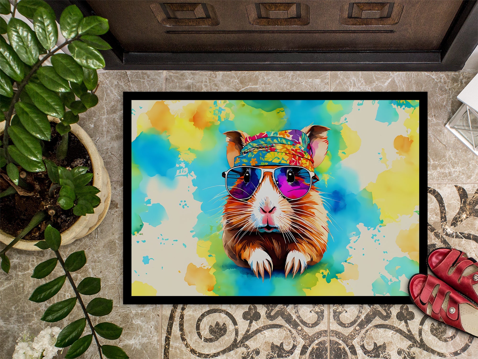 Hippie Animal Guinea Pig Doormat Indoor Outdoor 18H X 27W Front Door Mat Rugs for Entryway, Non Slip Washable