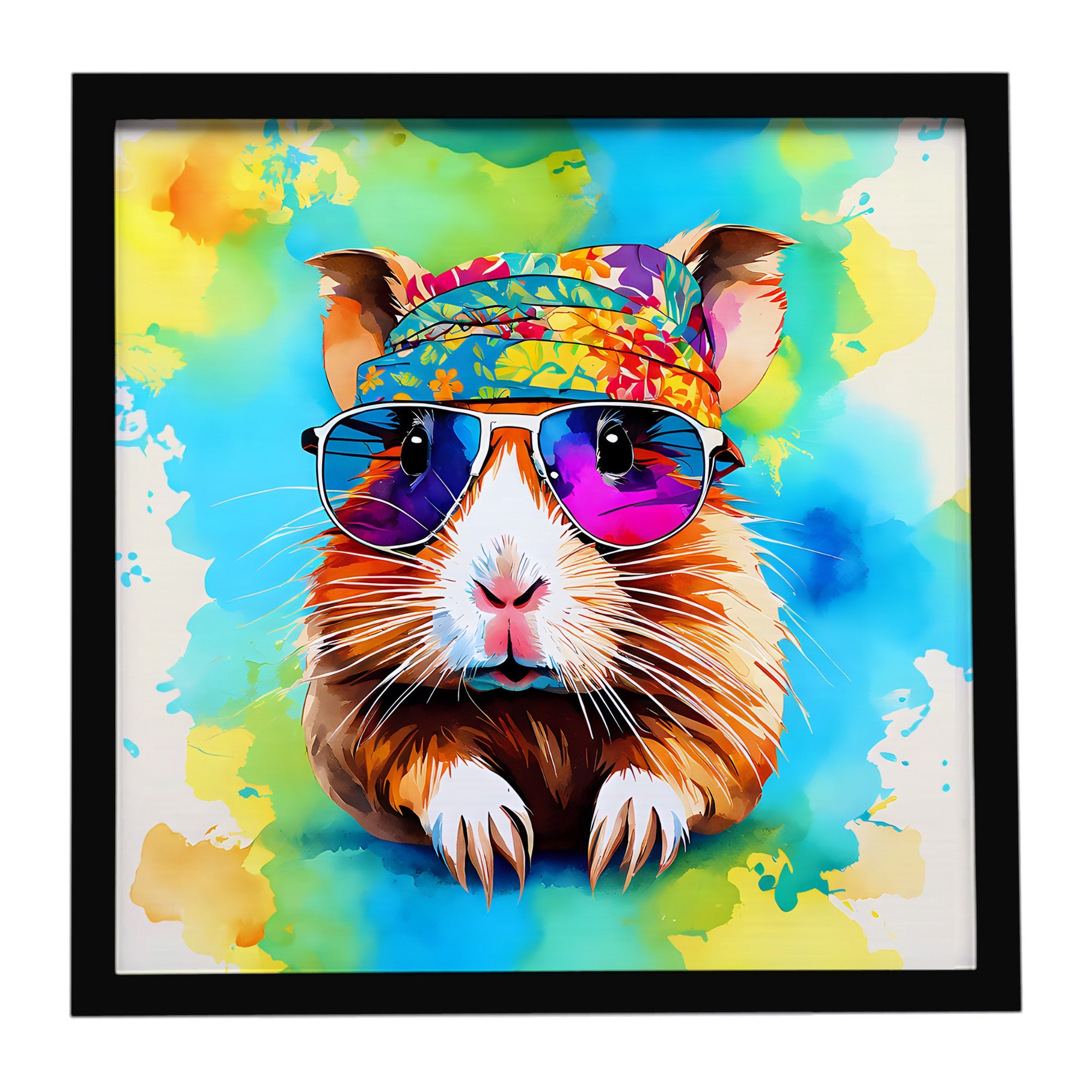Hippie Animal Guinea Pig Framed Metal Print Bathroom, Kitchen, Office, Home Decor Wall Art Ready to Hang, Square, 8X8