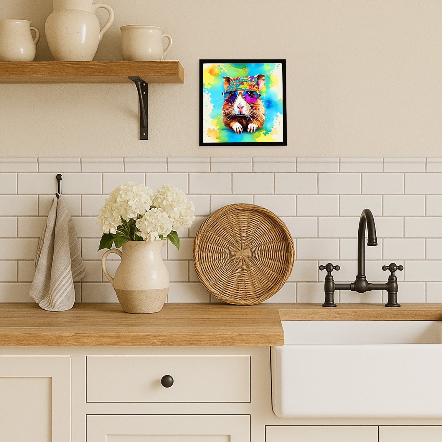 Hippie Animal Guinea Pig Framed Metal Print Bathroom, Kitchen, Office, Home Decor Wall Art Ready to Hang, Square, 8X8