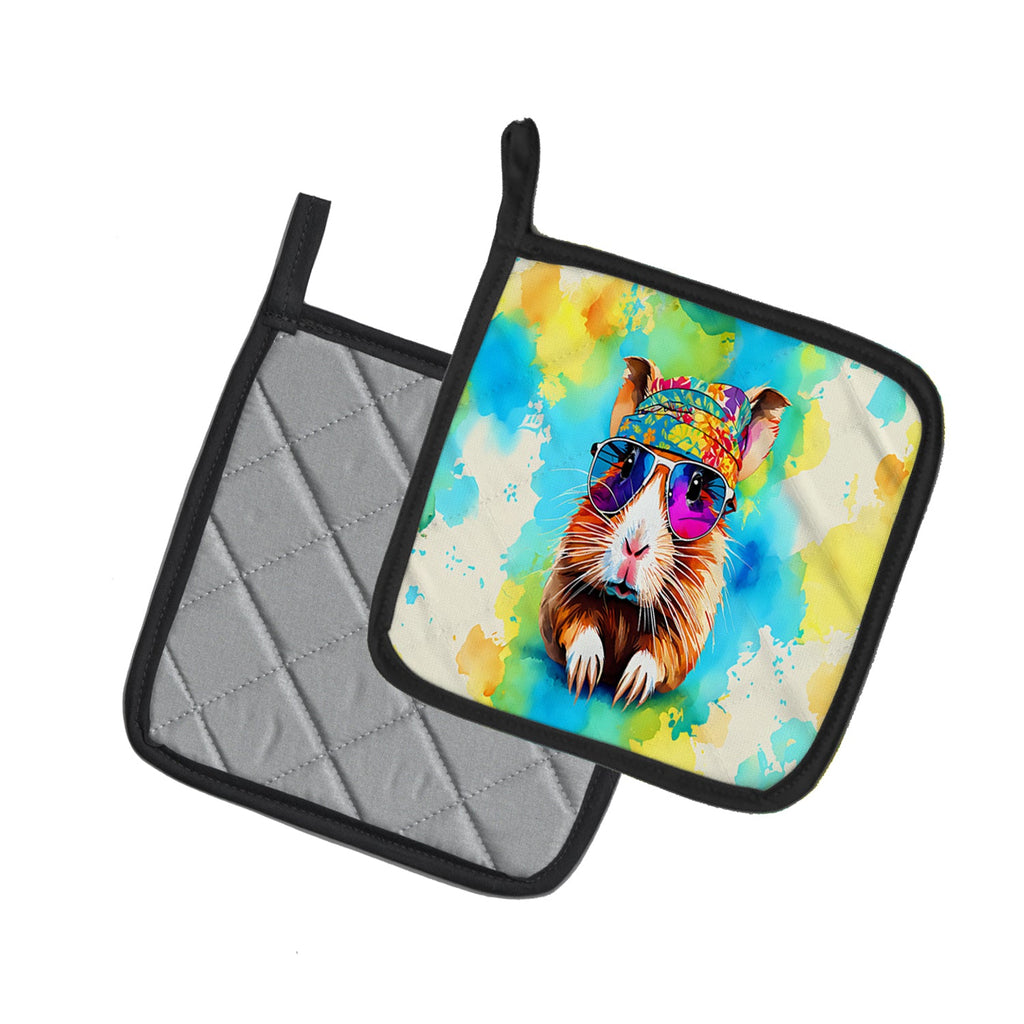 Hippie Animal Guinea Pig Pot Holder Set of 2 Heat Resistant Quilted Hot Pads 7.5 x 7.5 Inch, Insulated Kitchen Trivets for Cooking & Baking