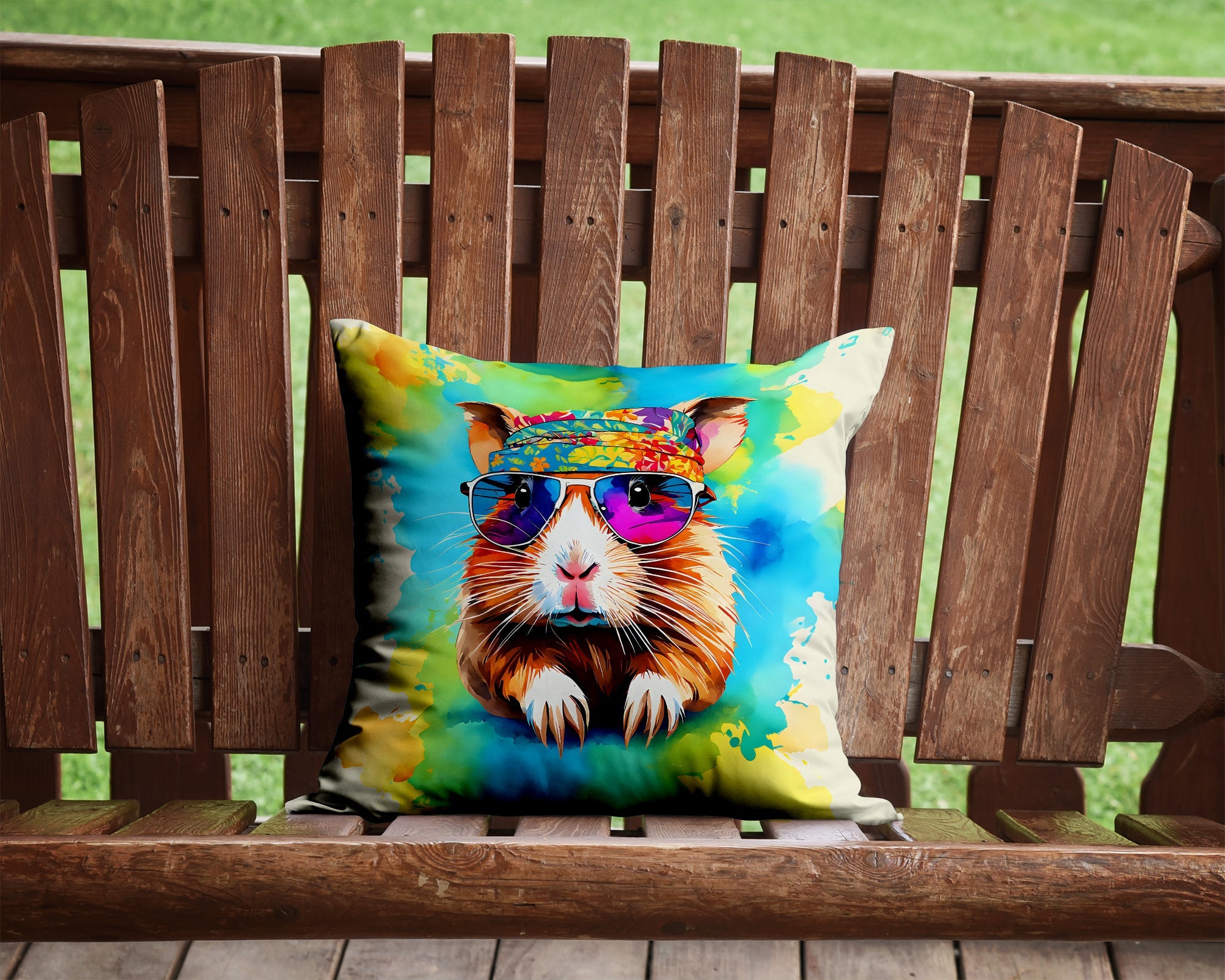 Hippie Animal Guinea Pig Decorative Throw Pillow 14x14 Indoor Outdoor Accent Cushion, Fabric Cover with Insert for Sofa, Bed, Porch & Living Room