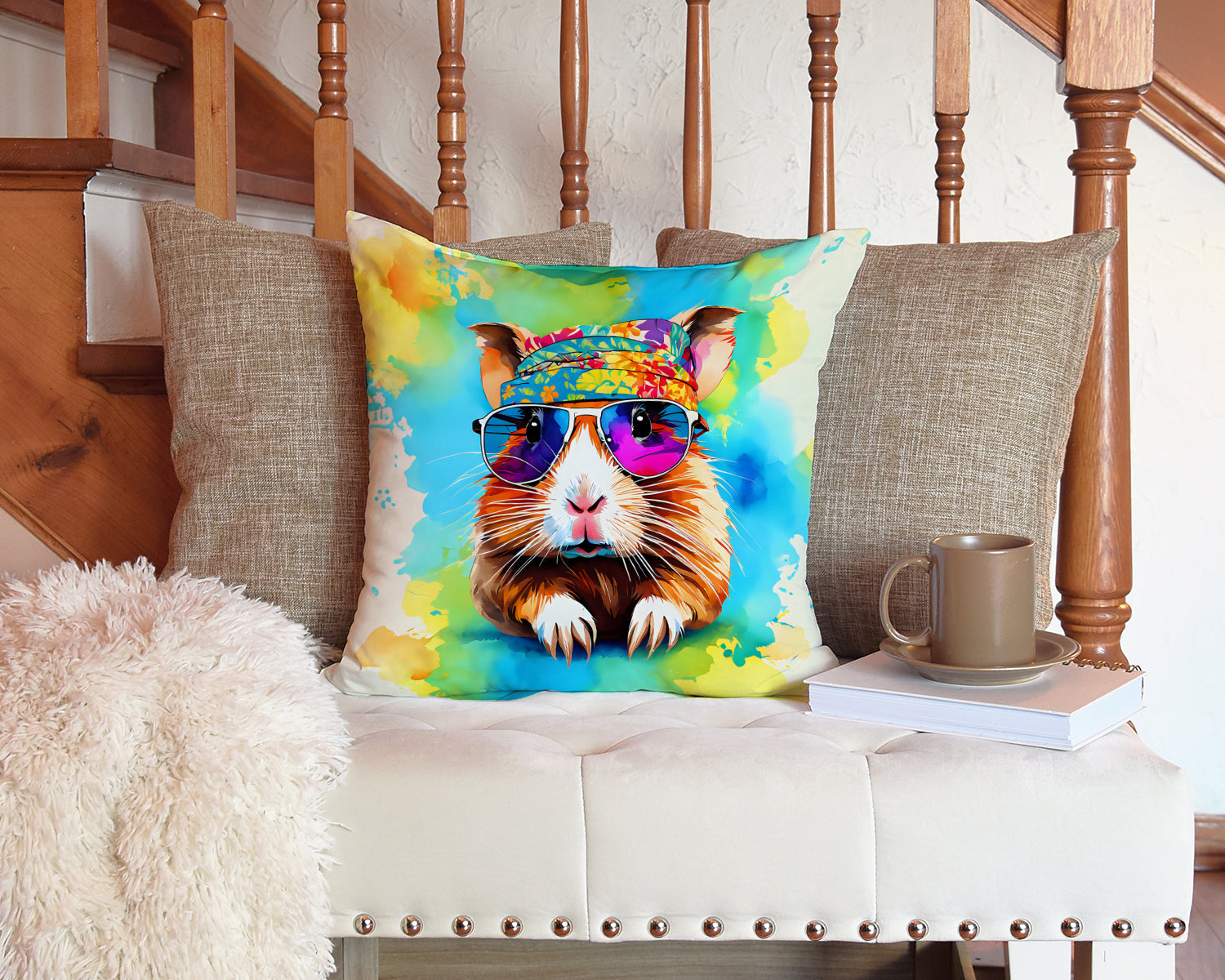 Hippie Animal Guinea Pig Decorative Throw Pillow 14x14 Indoor Outdoor Accent Cushion, Fabric Cover with Insert for Sofa, Bed, Porch & Living Room