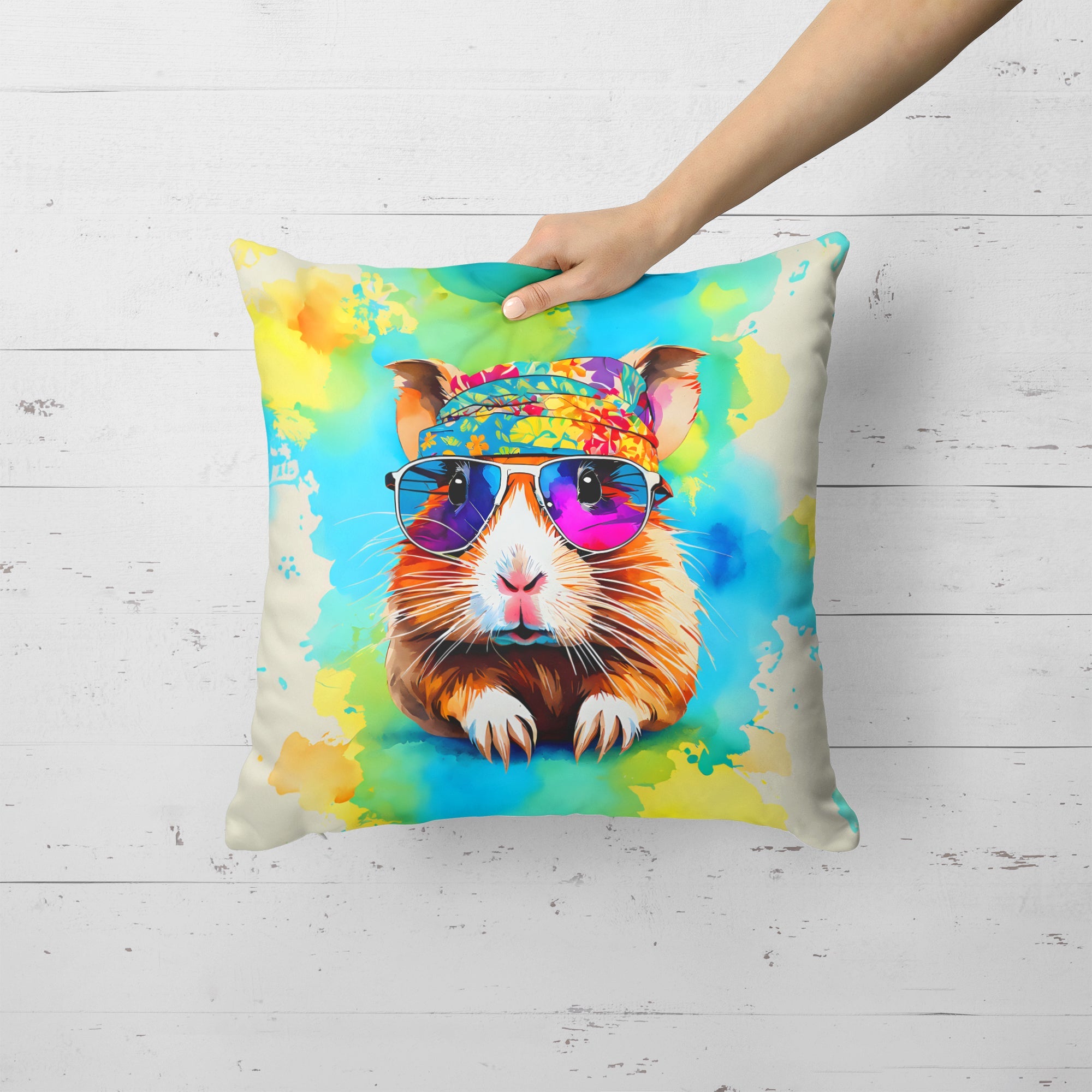 Hippie Animal Guinea Pig Decorative Throw Pillow 18x18 Indoor Outdoor Accent Cushion, Fabric Cover with Insert for Sofa, Bed, Porch & Living Room