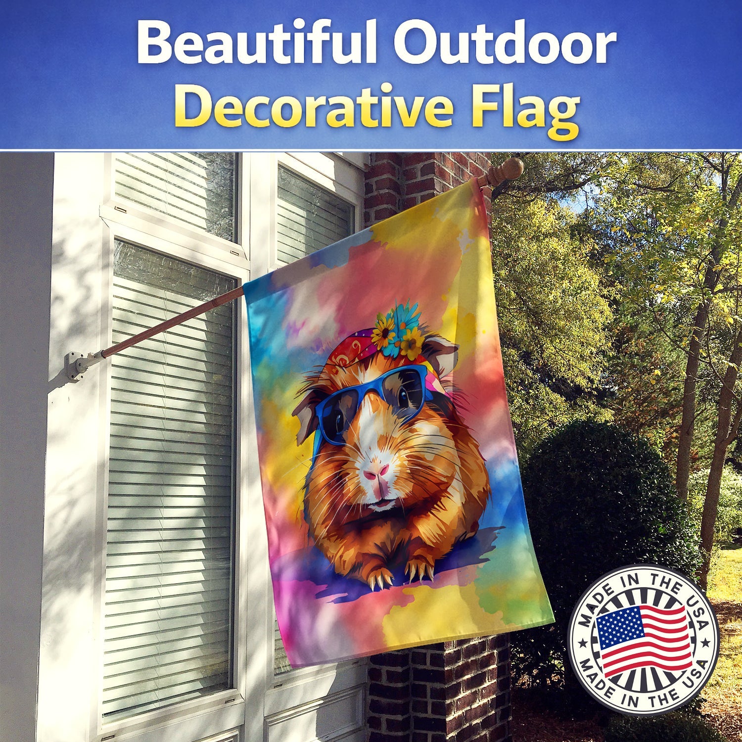 Hippie Animal Guinea Pig House Flag 28x40 Porch Sleeve Pole Decorative Outside Yard Banner Artwork Wall Hanging, Polyester