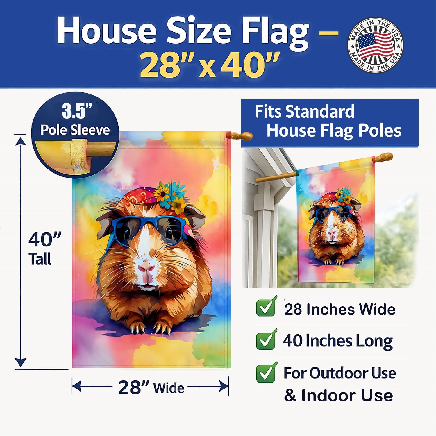 Hippie Animal Guinea Pig House Flag 28x40 Porch Sleeve Pole Decorative Outside Yard Banner Artwork Wall Hanging, Polyester