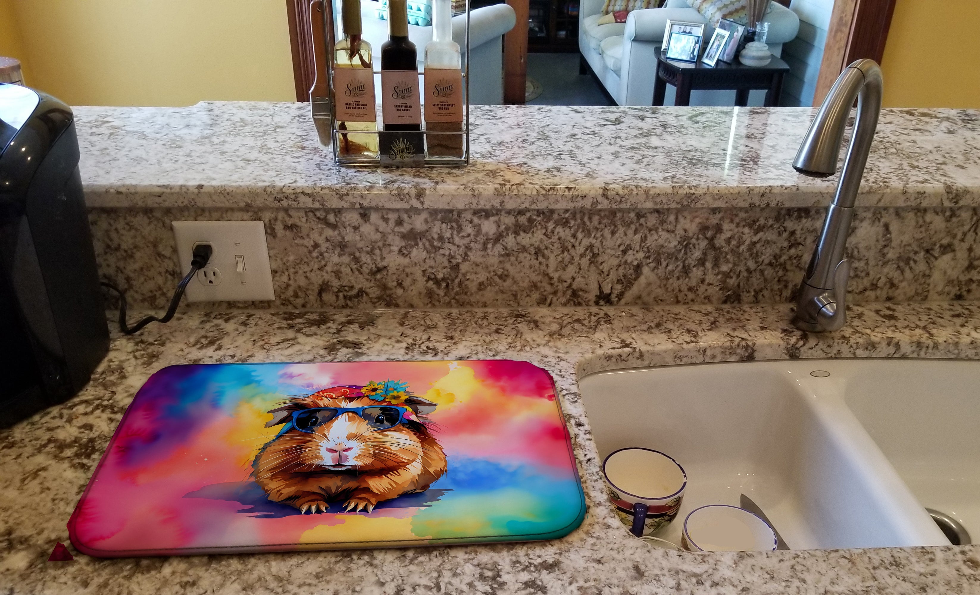 Hippie Animal Guinea Pig Dish Drying Mat Absorbent Dish Drying Mat Pad for Kitchen Counter Dish Drainer Mat for Countertop, 14 x 21", Multicolor