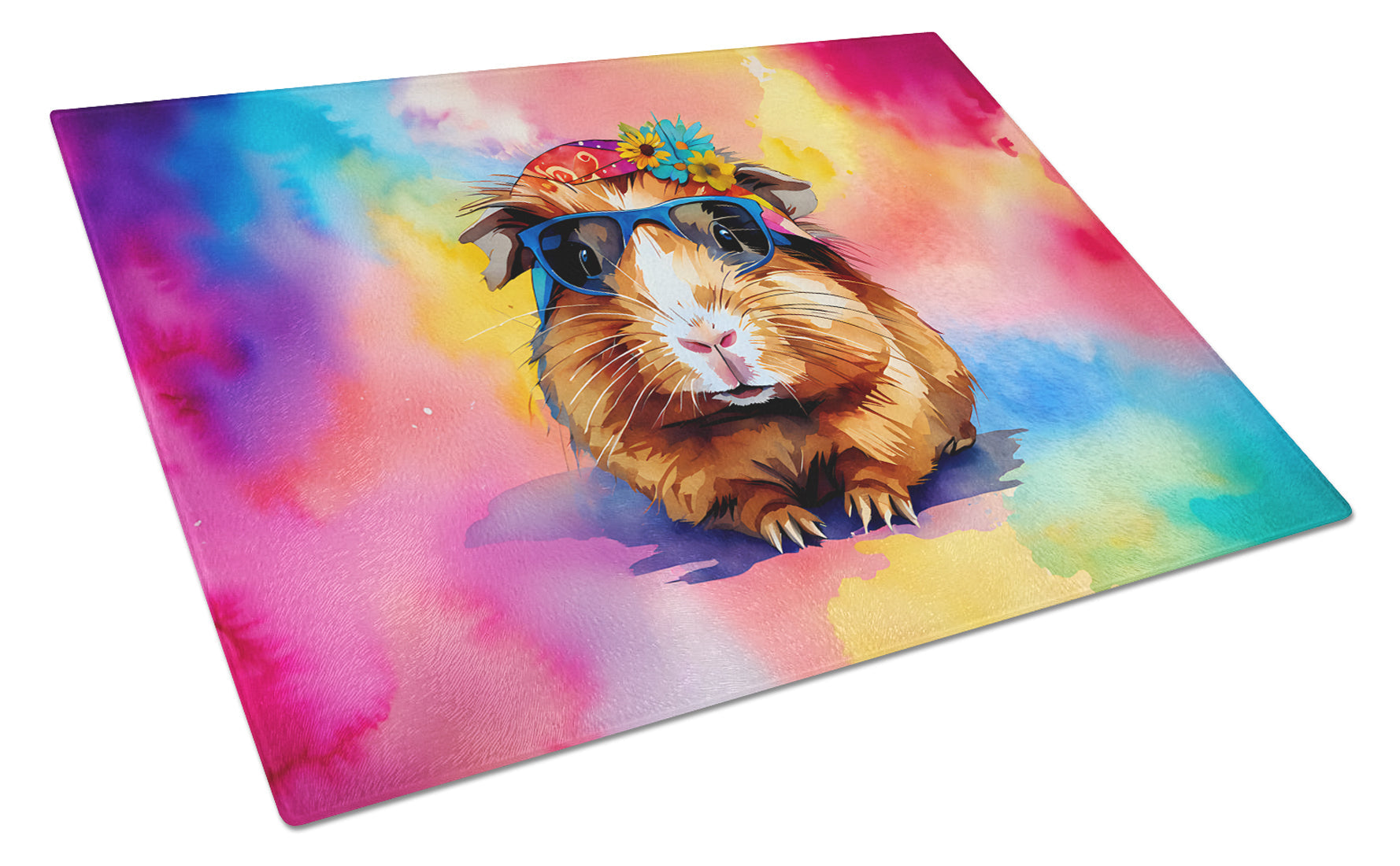 Hippie Animal Guinea Pig Cutting Board Tempered Glass Kitchen Cutting Surface, Heat Resistant Chopping, Non-Slip Feet, Food Prep & Serving