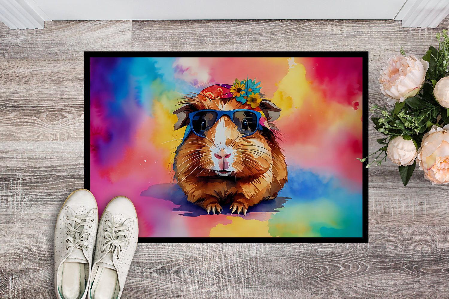 Hippie Animal Guinea Pig Doormat Indoor Outdoor 18H X 27W Front Door Mat Rugs for Entryway, Non Slip Washable