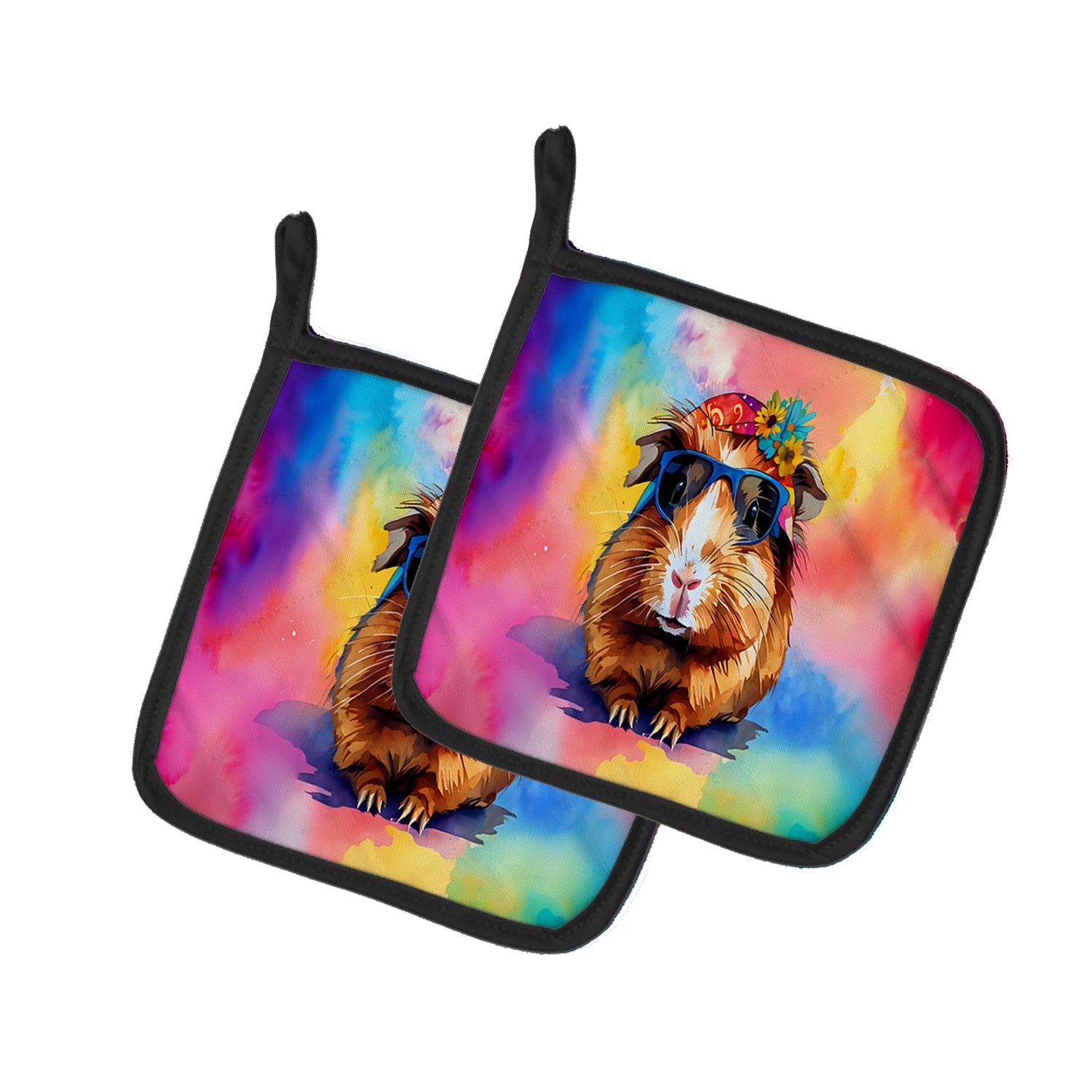 Hippie Animal Guinea Pig Pot Holder Set of 2 Heat Resistant Quilted Hot Pads 7.5 x 7.5 Inch, Insulated Kitchen Trivets for Cooking & Baking
