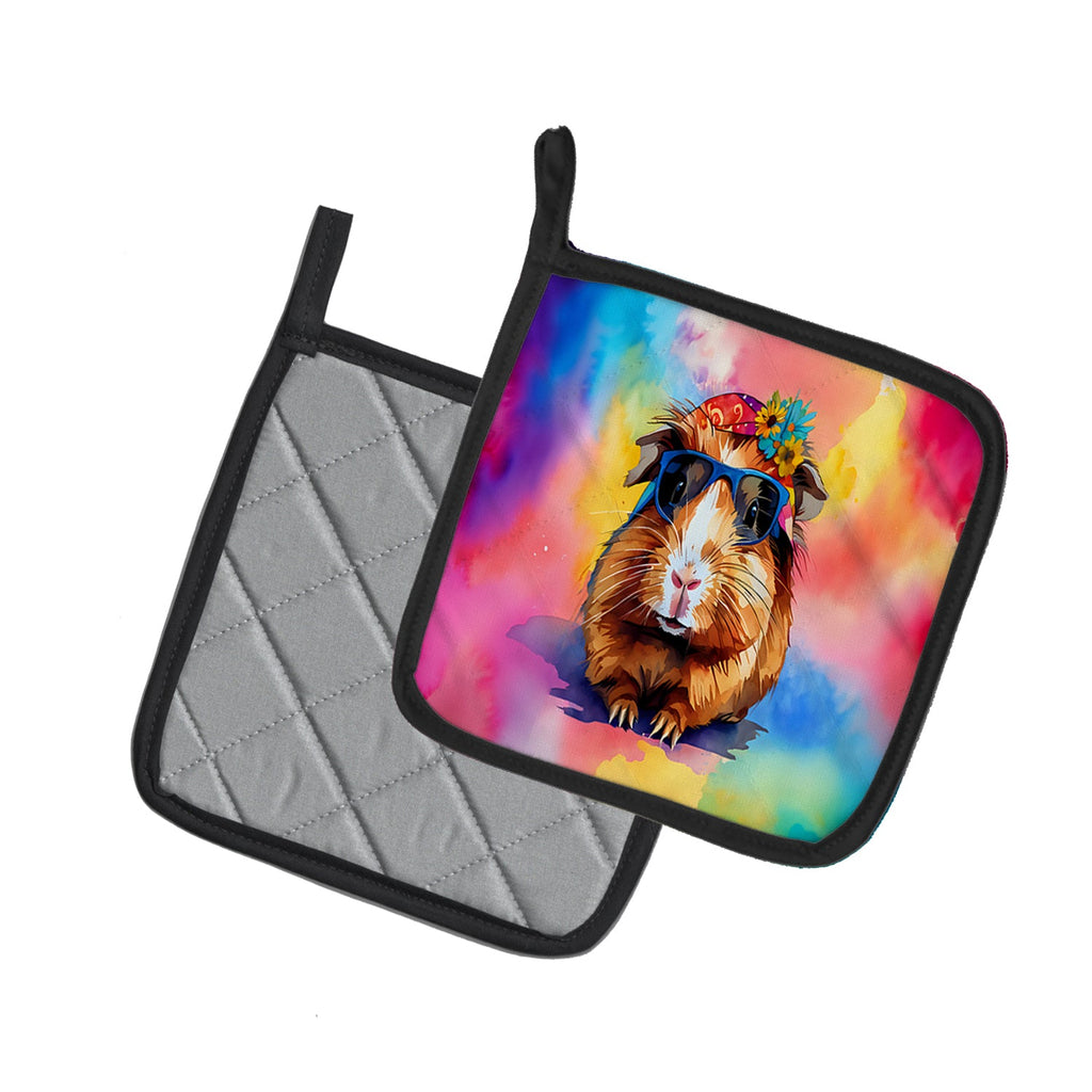 Hippie Animal Guinea Pig Pot Holder Set of 2 Heat Resistant Quilted Hot Pads 7.5 x 7.5 Inch, Insulated Kitchen Trivets for Cooking & Baking
