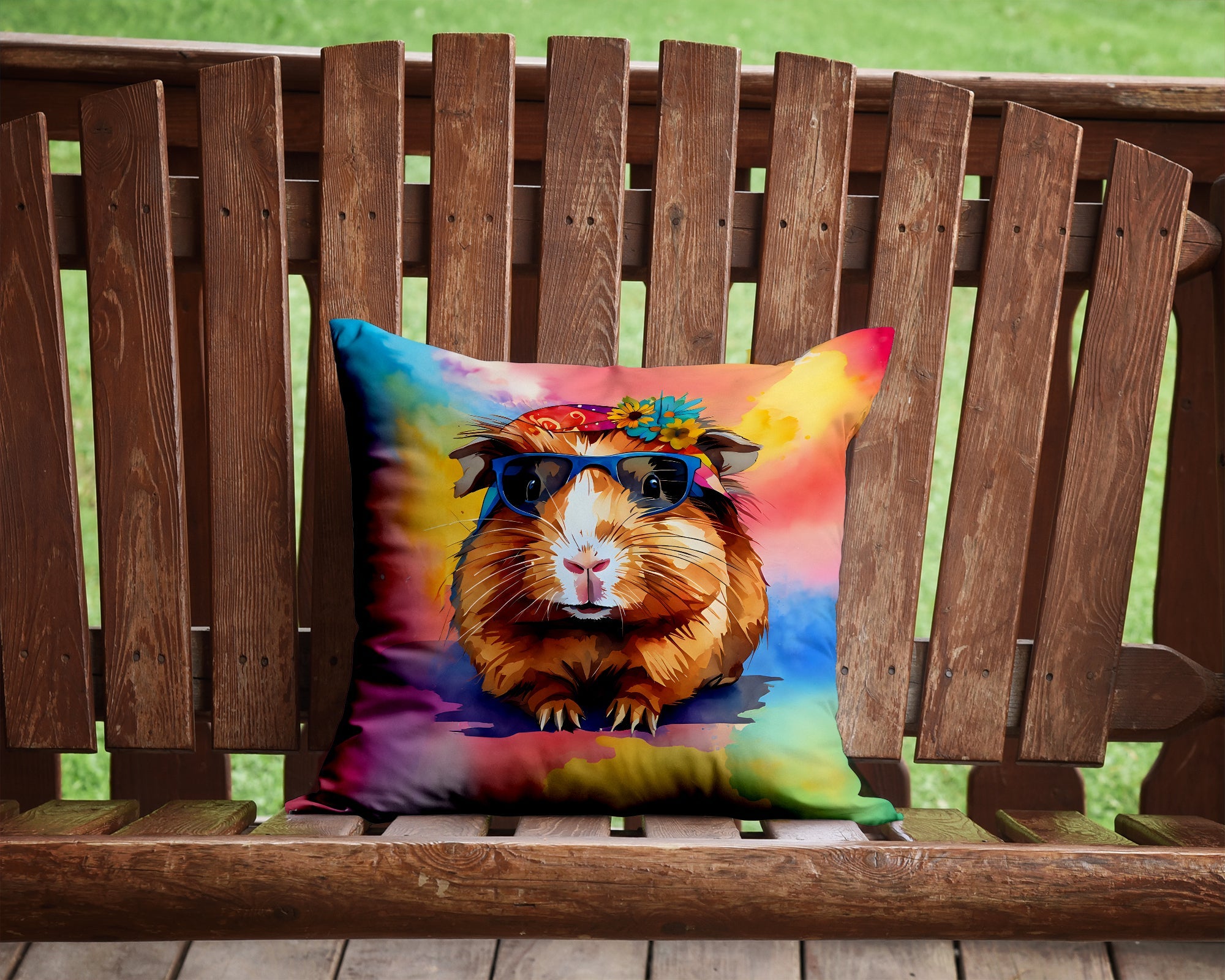 Hippie Animal Guinea Pig Decorative Throw Pillow 14x14 Indoor Outdoor Accent Cushion, Fabric Cover with Insert for Sofa, Bed, Porch & Living Room