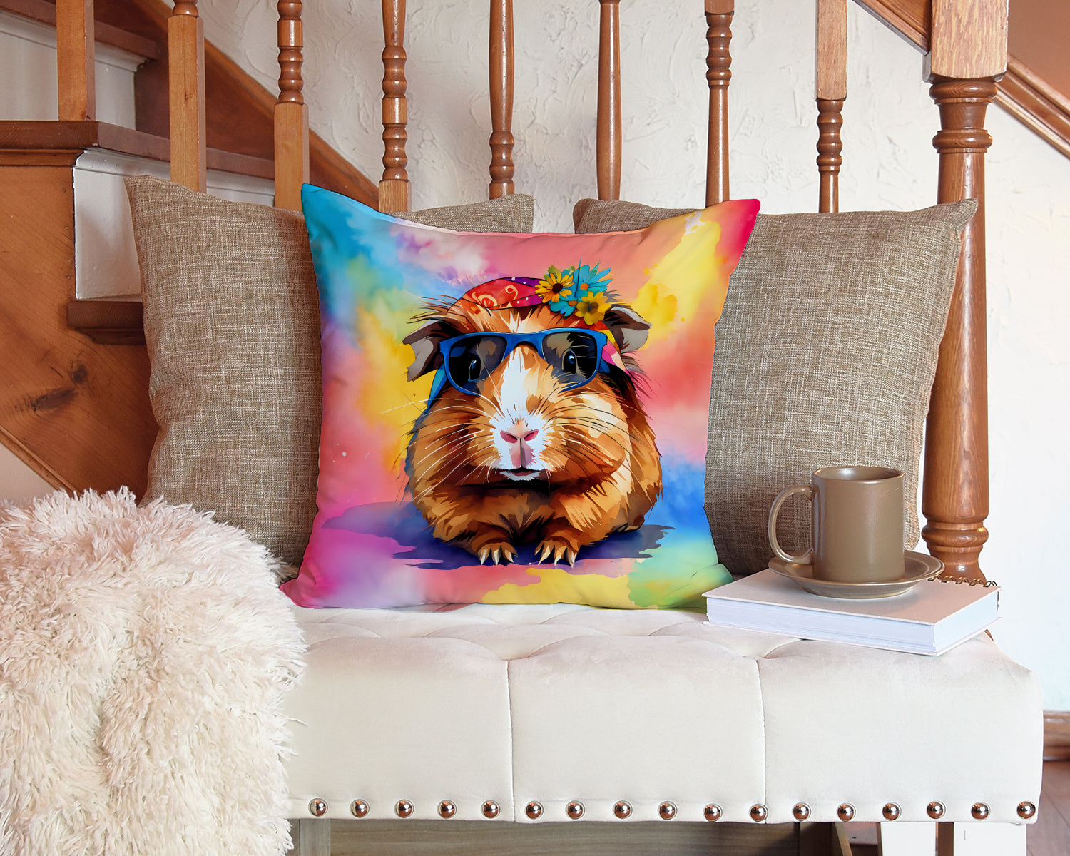 Hippie Animal Guinea Pig Decorative Throw Pillow 14x14 Indoor Outdoor Accent Cushion, Fabric Cover with Insert for Sofa, Bed, Porch & Living Room