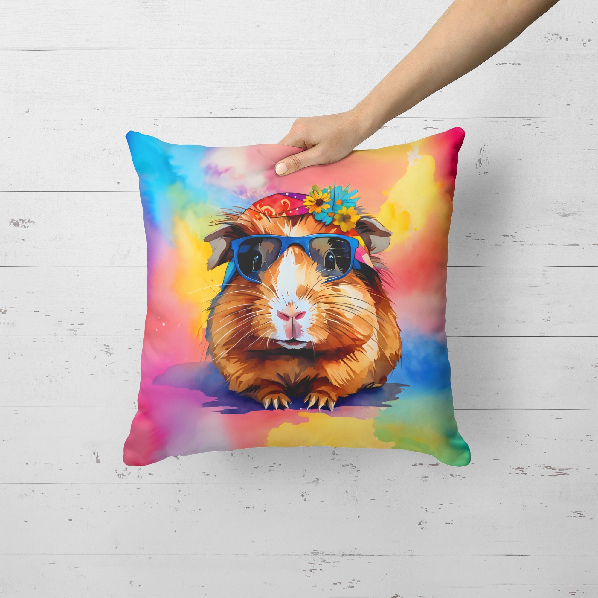Hippie Animal Guinea Pig Decorative Throw Pillow 18x18 Indoor Outdoor Accent Cushion, Fabric Cover with Insert for Sofa, Bed, Porch & Living Room