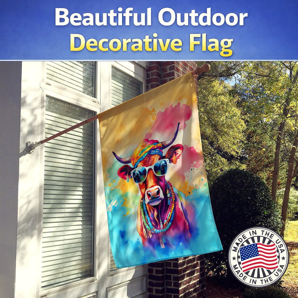 Hippie Animal Cow House Flag 28x40 Porch Sleeve Pole Decorative Outside Yard Banner Artwork Wall Hanging, Polyester