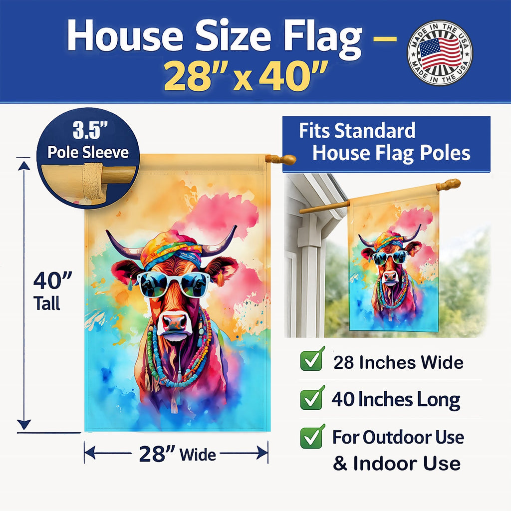 Hippie Animal Cow House Flag 28x40 Porch Sleeve Pole Decorative Outside Yard Banner Artwork Wall Hanging, Polyester