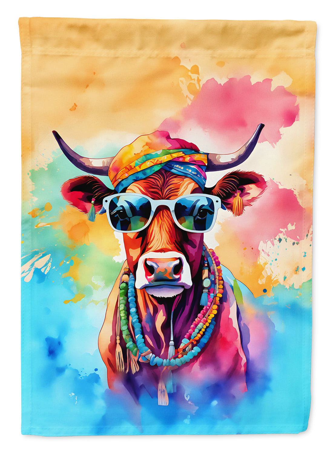 Hippie Animal Cow House Flag 28x40 Porch Sleeve Pole Decorative Outside Yard Banner Artwork Wall Hanging, Polyester