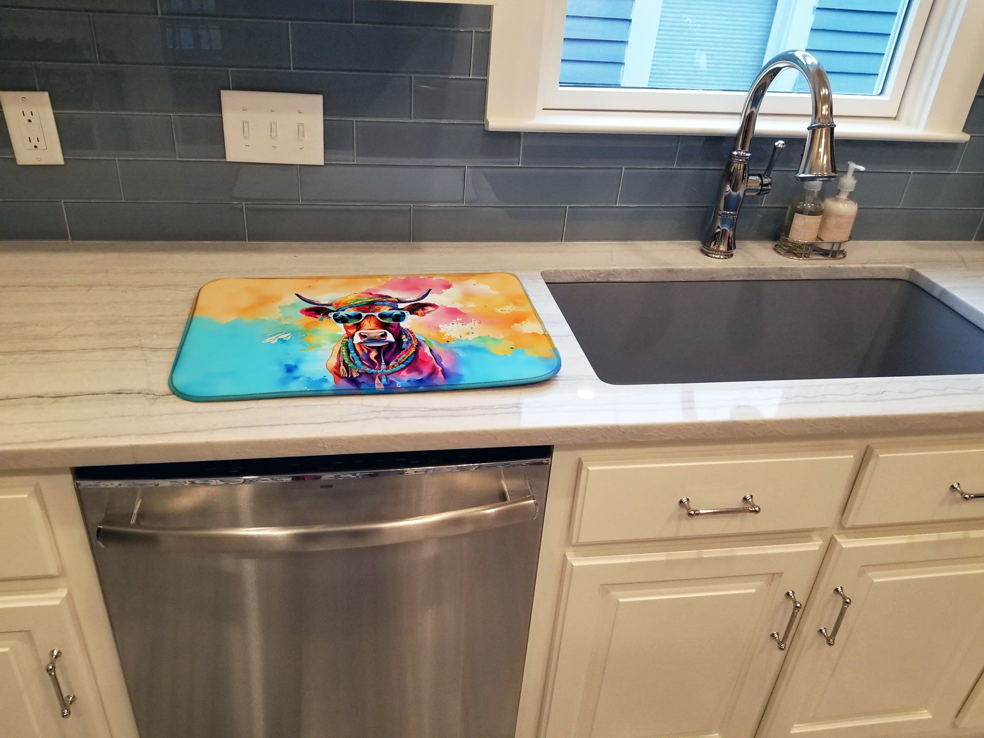 Hippie Animal Cow Dish Drying Mat Absorbent Dish Drying Mat Pad for Kitchen Counter Dish Drainer Mat for Countertop, 14 x 21", Multicolor