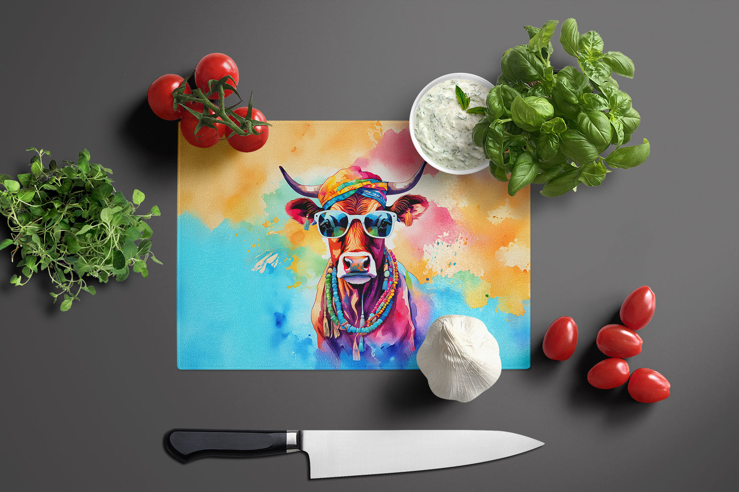 Hippie Animal Cow Cutting Board Tempered Glass Kitchen Cutting Surface, Heat Resistant Chopping, Non-Slip Feet, Food Prep & Serving