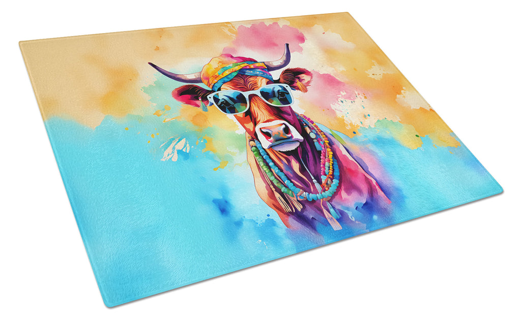 Hippie Animal Cow Cutting Board Tempered Glass Kitchen Cutting Surface, Heat Resistant Chopping, Non-Slip Feet, Food Prep & Serving
