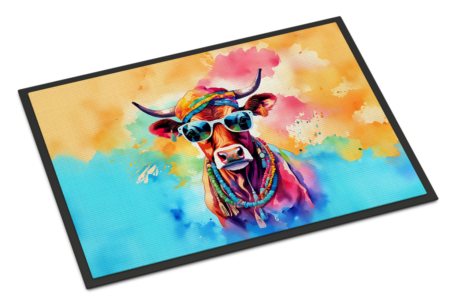 Hippie Animal Cow Doormat Indoor Outdoor 18H X 27W Front Door Mat Rugs for Entryway, Non Slip Washable
