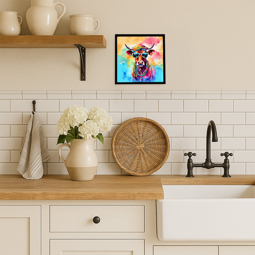 Hippie Animal Cow Framed Metal Print Bathroom, Kitchen, Office, Home Decor Wall Art Ready to Hang, Square, 8X8