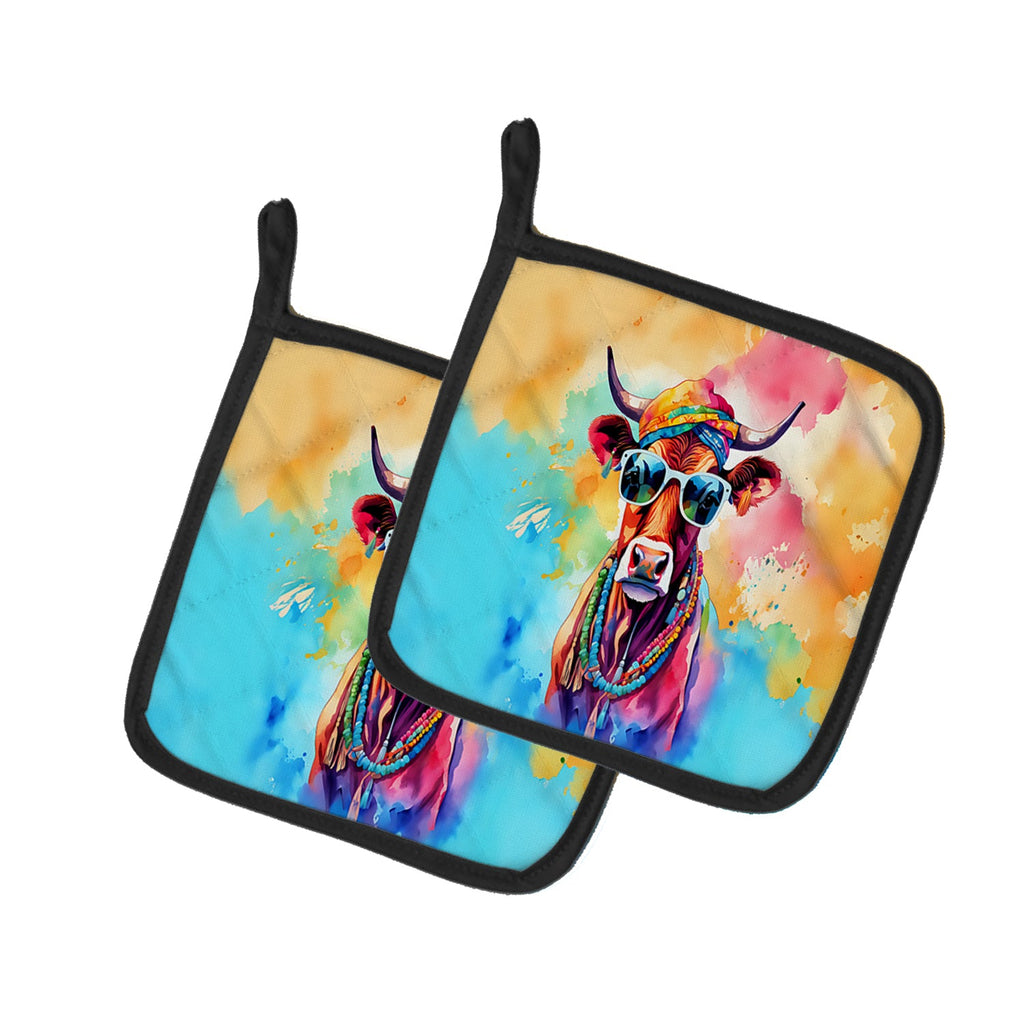 Hippie Animal Cow Pot Holder Set of 2 Heat Resistant Quilted Hot Pads 7.5 x 7.5 Inch, Insulated Kitchen Trivets for Cooking & Baking