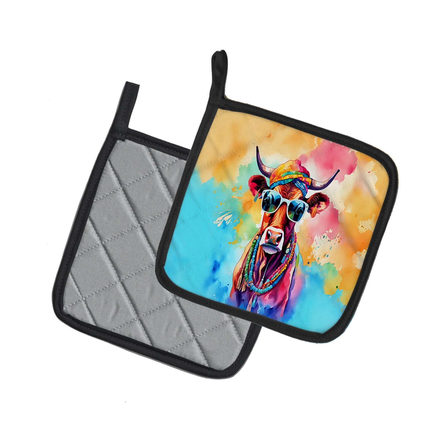 Hippie Animal Cow Pot Holder Set of 2 Heat Resistant Quilted Hot Pads 7.5 x 7.5 Inch, Insulated Kitchen Trivets for Cooking & Baking