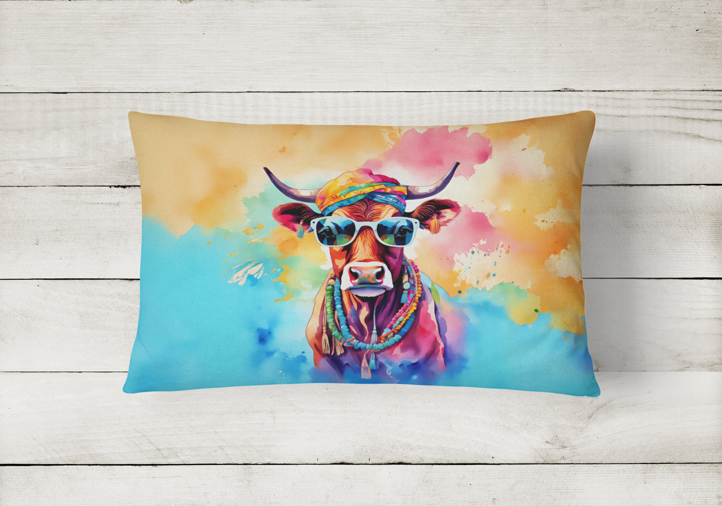 Hippie Animal Cow Decorative Throw Pillow 12x16 Indoor Outdoor Accent Cushion, Fabric Cover with Insert for Sofa, Bed, Porch & Living Room