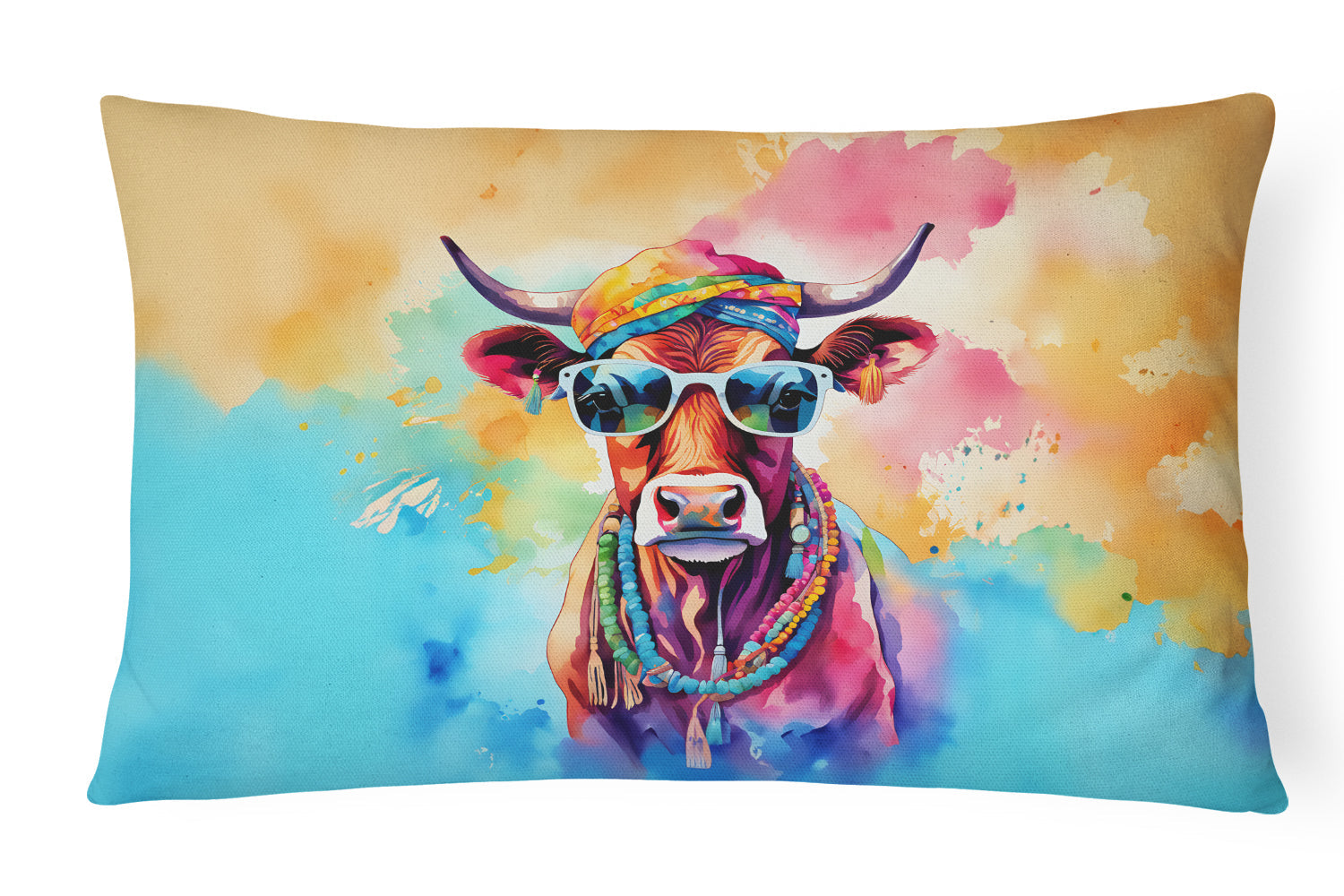 Hippie Animal Cow Decorative Throw Pillow 12x16 Indoor Outdoor Accent Cushion, Fabric Cover with Insert for Sofa, Bed, Porch & Living Room