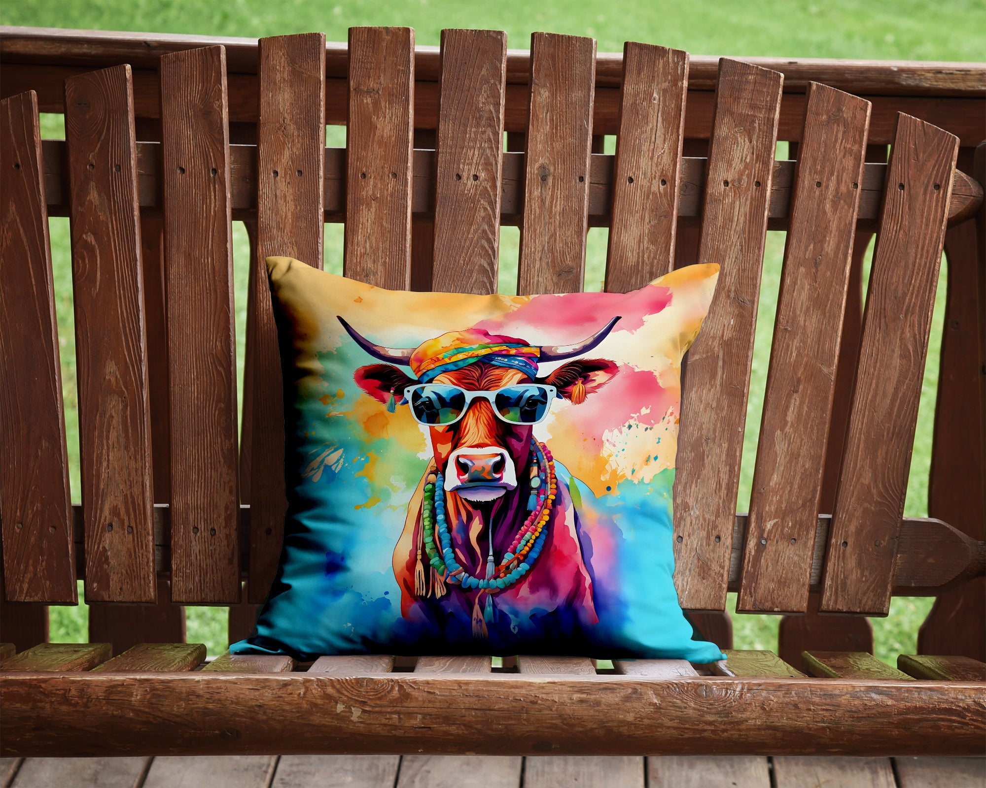 Hippie Animal Cow Decorative Throw Pillow 14x14 Indoor Outdoor Accent Cushion, Fabric Cover with Insert for Sofa, Bed, Porch & Living Room