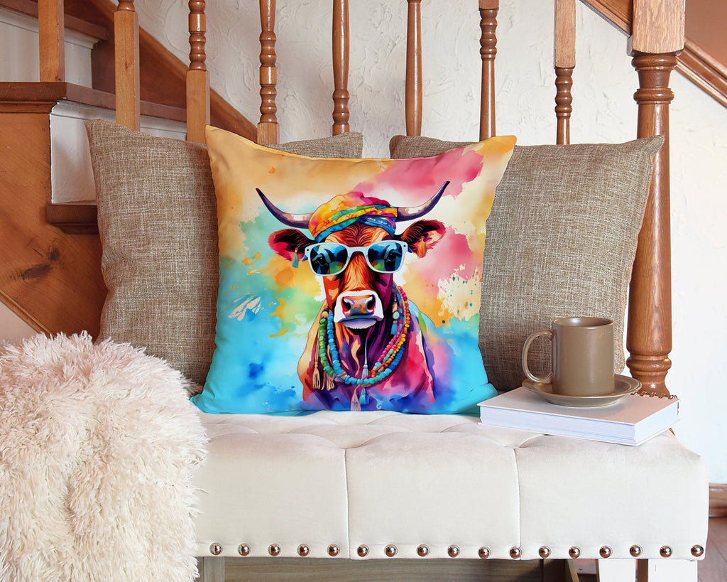 Hippie Animal Cow Decorative Throw Pillow 14x14 Indoor Outdoor Accent Cushion, Fabric Cover with Insert for Sofa, Bed, Porch & Living Room